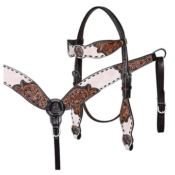 BAR H EQUINE Western Handtooled Leather Horse Headstall & Breast Collar Set